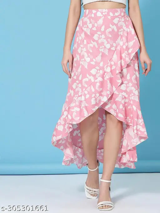 Pink floral lace skirt, high waist, knee length