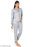 Grey elephant print satin lapel nightsuit for women, quirky and comfortable sleepwear