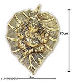 Golden handcrafted Ganesh Idol on peepal leaf, 20x16x3 cm white metal artpiece for home or office, good luck and auspicious beginning