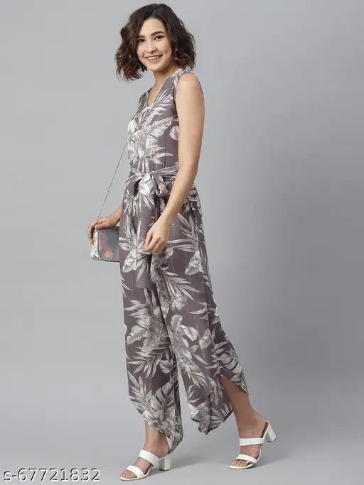 StyleStone women's rayon sleeveless floral v-neck jumpsuit, printed pattern on net fabric, asymmetrical hemline, size N (32in/50in/30in/36in)