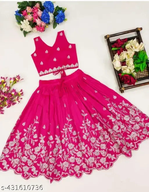 Embroidered taffeta silk kids lengha choli with short sleeves, suitable for festive wear and parties. Hand-stitched net, available in sizes 3-4 Years to 7-8 Years. Indian origin, trending stylish collection for girls