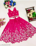 Embroidered taffeta silk kids lengha choli with short sleeves, suitable for festive wear and parties. Hand-stitched net, available in sizes 3-4 Years to 7-8 Years. Indian origin, trending stylish collection for girls