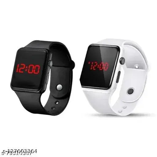 Black and white digital watch - pack of 2 with a clear display of time, date, and LED backlight