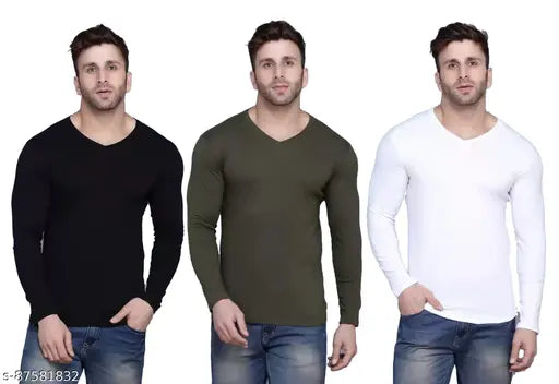 Black olive white men's solid V neck full sleeve cotton t-shirt on model, available in sizes S to XXL