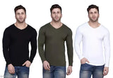 Black olive white men's solid V neck full sleeve cotton t-shirt on model, available in sizes S to XXL