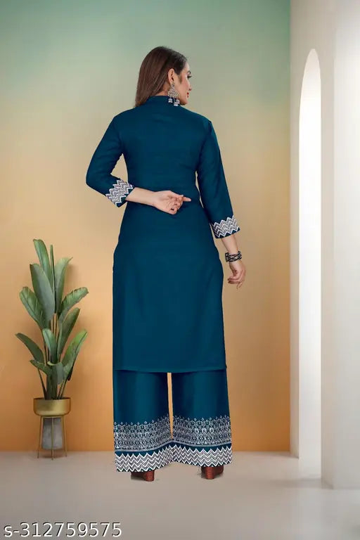 Rayon Women's Fancy Kurti Set with Printed Palazzos, three-quarter sleeves, India origin