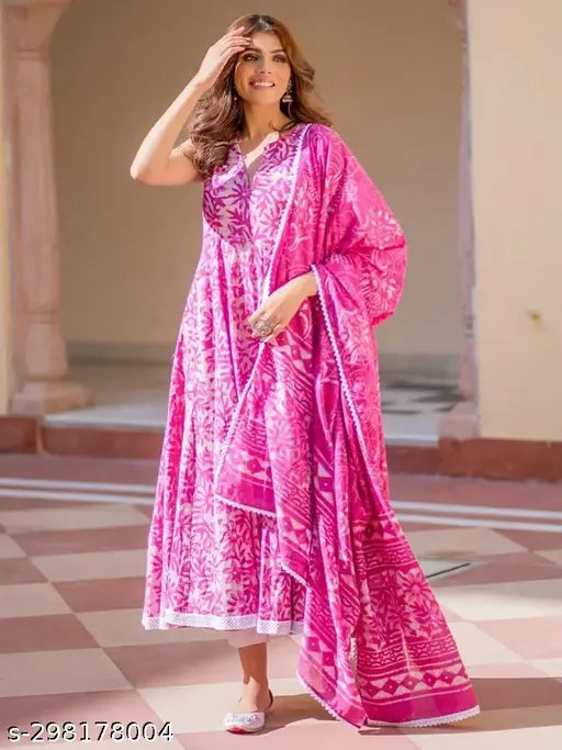 Cotton sleeveless anarkali kurti with dupatta, printed Indian fashion for women in sizes S-XXL
