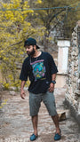 Oversized printed cotton t-shirt, three-quarter sleeves, vibrant design from India