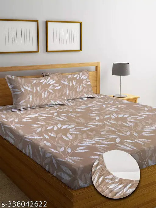 Brown cotton elastic fitted bedsheets with 2 pillow covers, double bed size, botanical print, superfine quality, LOPUNNY brand