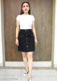 Denim skirt with black buttons on a woman