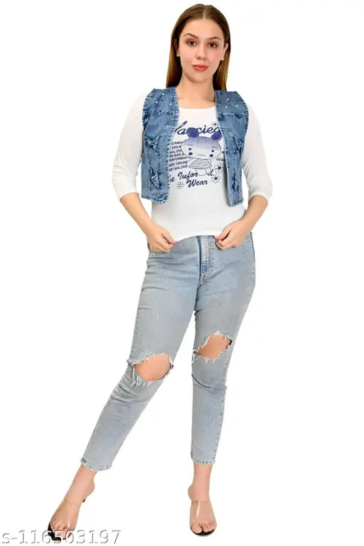 Sleeveless, solid-colored denim women's jacket (N:1), India-made, enhances cool look with different shirts/inners