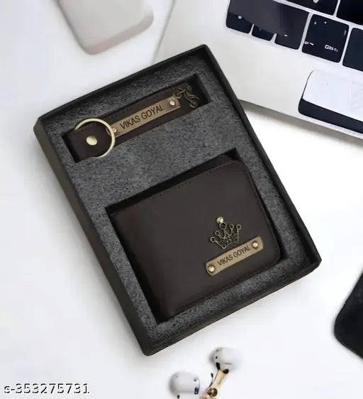 Black leather wallet & keychain combo with 2 compartments, textured design, and personalized initials. Custom-made accessory for everyday style and practicality