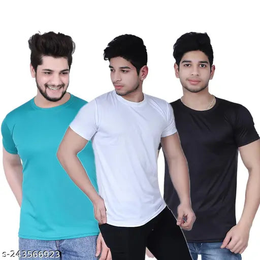 Nylon half-sleeves T-shirt (3 pcs) for men, featuring unique cat, Star Wars, motorcycle designs - Made in India