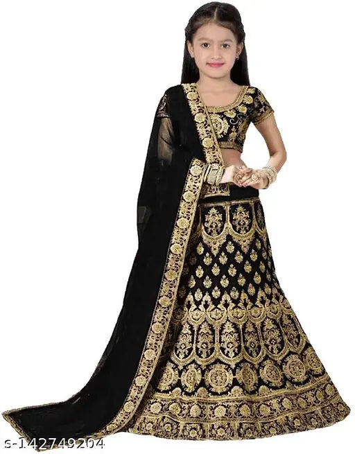 Taffeta silk kids' lehenga choli set, embroidered with modern fancy designs, available in sizes from 3-16 years