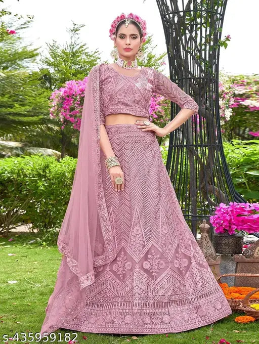Embroidered net lehenga choli and dupatta set, free size, Indian bridal wear