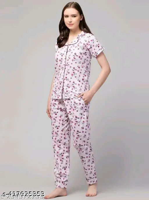 Cotton printed women's night suit shirt and pyjama set, short sleeves, vibrant pattern, available in S, M, L, XL, XXL from India