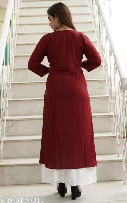 Rara Handicrafts women's rayon regular kurta with beautiful embroidery, solid net, three-quarter sleeves and palazzos bottomwear. Indian two-tone traditional casual clothing