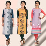 American Crepe women's straight kurta combo pack (3 kurtis), printed, cap sleeves, casual & festive occasion. Size S-XXL, lengths 44 inches. Bust sizes: 36in, 38in, 40in, 42in, 44in. Wash separately. India origin