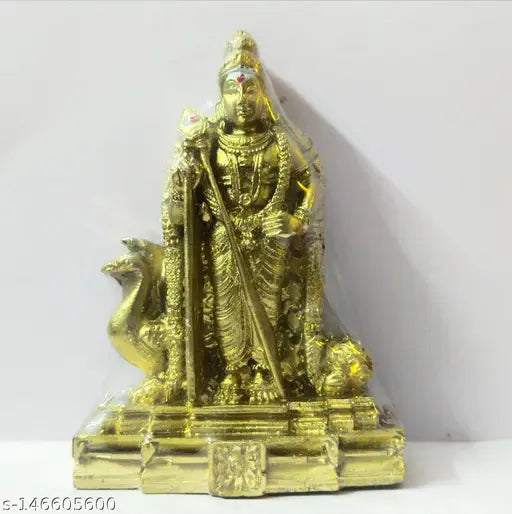 Poly Resin Murugan idol by Rishi Crafts, gold-toned Indian god figurine, highly detailed decor for living room or car dashboard