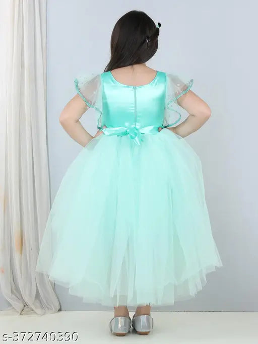 Sea green embellished net party dress for kids, size 1-2 years