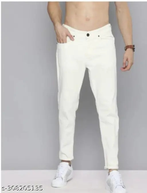 Cotton blend men's plain white jeans, slim fit for casual wear