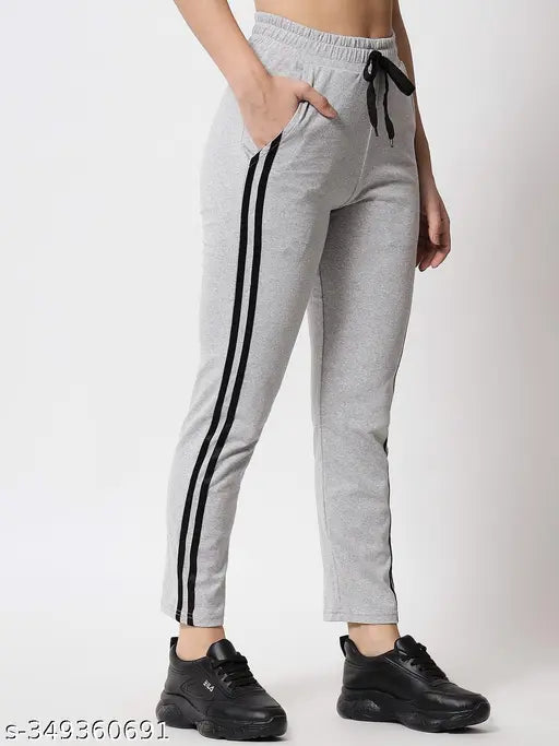 Women's activewear track pants, navy blue cotton with white stripes, elastic waistband, side pockets