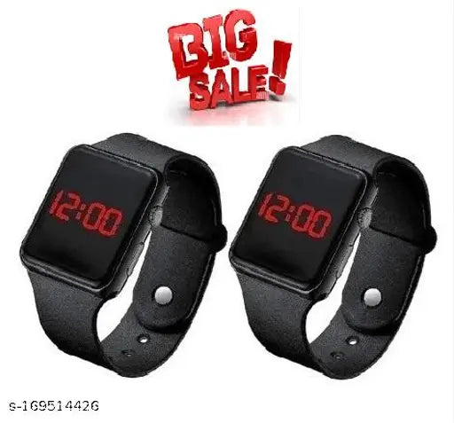 Black digital square LED watch with a black strap and a red display