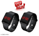 Black digital square LED watch with a black strap and a red display