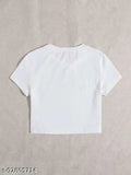 White cotton printed round neck women's t-shirt, short sleeves, casual style - India