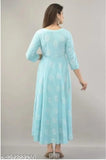 Sky Blue Printed Cotton Kurta, three-quarter sleeves, vibrant printed combo on display stand