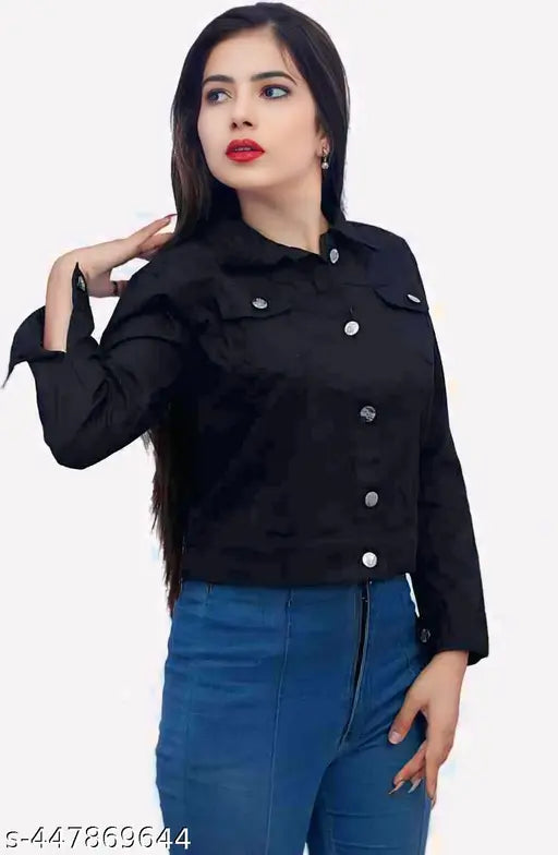 Black denim jacket, solid twill fabric, long sleeves, regular fit, collared neckline, two front pockets, suitable for all seasons - Zaar creation