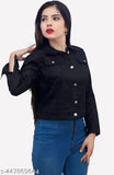 Black denim jacket, solid twill fabric, long sleeves, regular fit, collared neckline, two front pockets, suitable for all seasons - Zaar creation