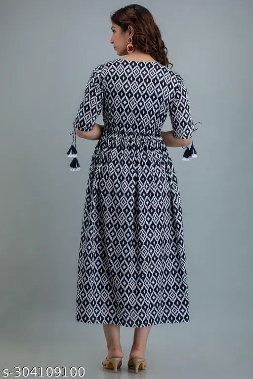 Women's Anarkali dress with tassels, midi length, black and white color block pattern