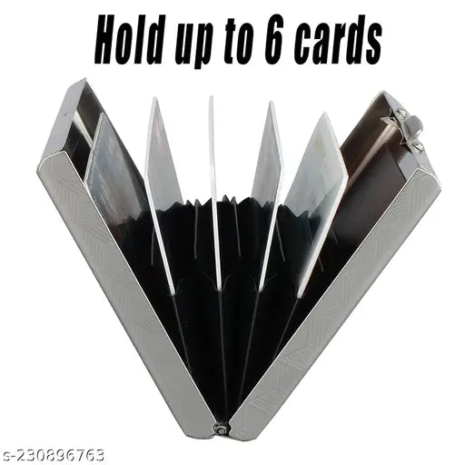 Silver stainless steel RFID blocking 6-card holder, sturdy and durable, designed to hold various cards. Mini size, easy to carry in pockets or bags