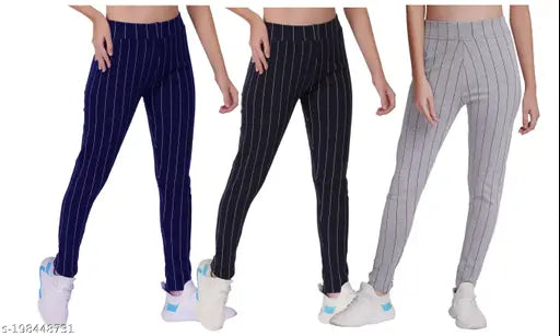 Striped cotton blend jeggings pack of 3 for women, ankle length, skin-fit style, free size (28-34 inch hip), India origin