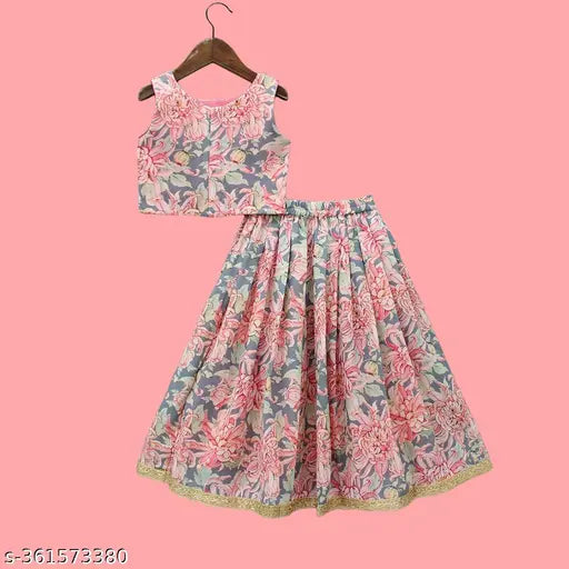 Sleeveless floral printed net Polyester lehenga choli for kids (1-14 years), traditional Indian attire