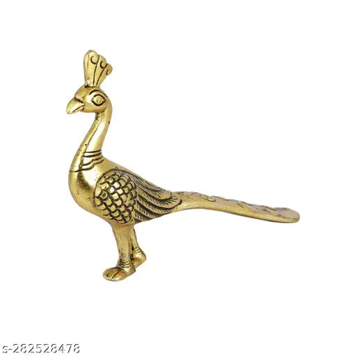 Handcrafted gold-plated peacock statue, 7.5" x 6.5" x 1.5", Indian metal bird showpiece for home, garden, office, or living room decor