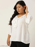 Viscose Rayon white bell sleeve top, plus size women's solid color regular top with V-neck, three-quarter sleeves and ruffles detail. Available in XL, XXL, XXXL, 4XL, 5XL, 6XL. Made in India