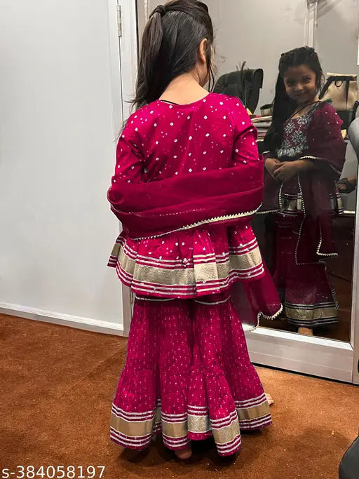 Red kids pom pom sharara set, rayon top and bottom with organza dupatta, embroidered, three-quarter sleeves, pack of 3 sizes for children aged 3-12 years, India origin