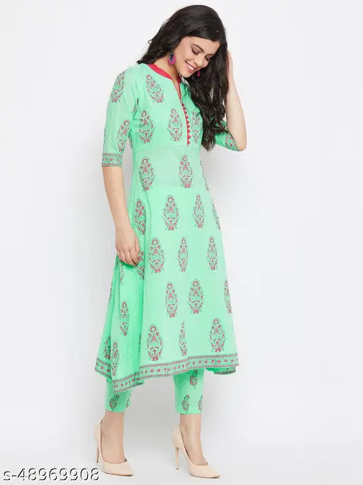 WineRed Women's Printed Cotton Kurta & Pant Set, Indian-inspired style, three-quarter sleeves, single set in vibrant green