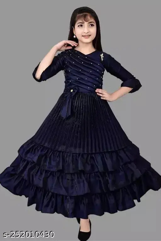 Navy Blue Embellished Net Silk Party Dress for Girls, 3-12 Years