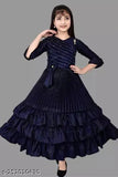 Navy Blue Silk Embellished Net Party Dress for Girls (3-12 years), Indian Ethnic Gown, Trendy and Stylish