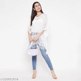 White cotton lace kaftan top, three-quarter sleeves, printed pattern, Indian origin