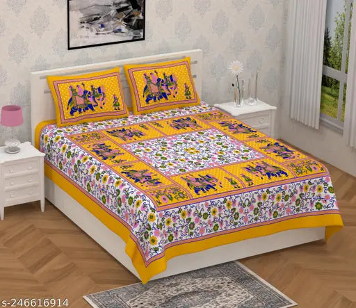 Sanganeri cotton printed double bedsheet with pillow, 144 thread count, summer-ready Bombay Dyeing flat sheets, ideal for adults