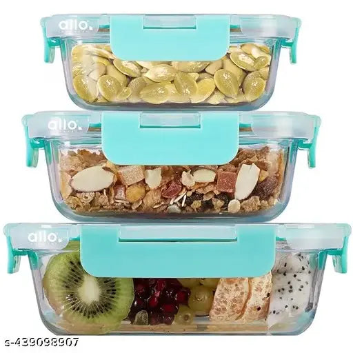 Set of 3 glass containers with lids, varying in size: 400ml, 600ml, and 800ml; rectangular shape; oven safe, microwave safe, freezer safe, break-free detachable locks. BPA-free