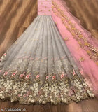 Embroidered net lehenga choli with dupatta, free size, heavy dupion silk blouse and net dupatta, multi-thread work, semi stitch and cut work border, best quality Indian product