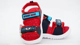 Red and blue Kids' SpiderSteps themed sandals with adjustable straps
