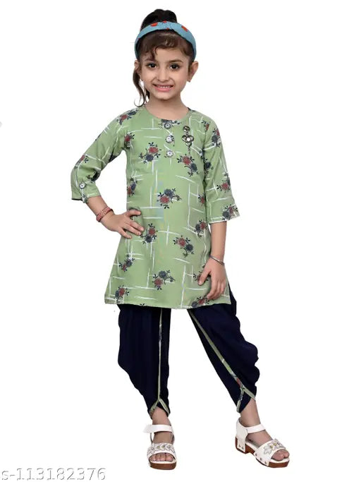 Green checked Patiala salwar suit for girls, Hariyal Creation - cotton silk Anarkali design with short sleeves, party/casual wear, size 3-4 years