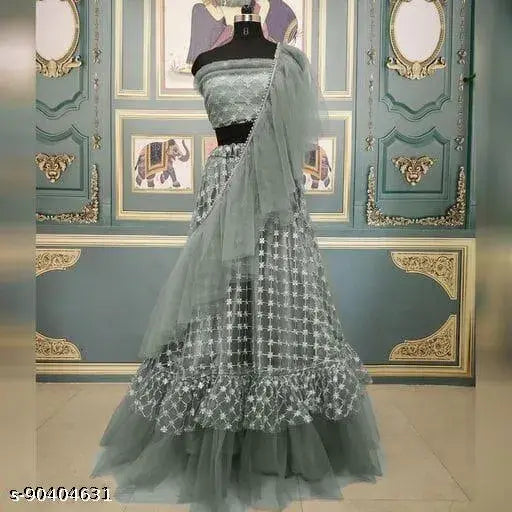 Embroidered net lehenga-choli set with ruffled dupatta, Indian traditional fashion for women