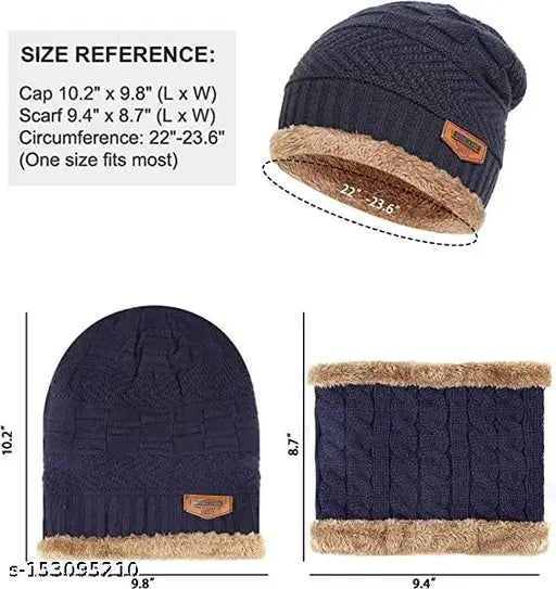 Navy blue beanie cap with faux fur trim and attached scarf